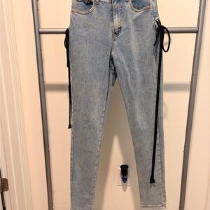 Classic Light Blue Straight Leg Jeans with Black Ties